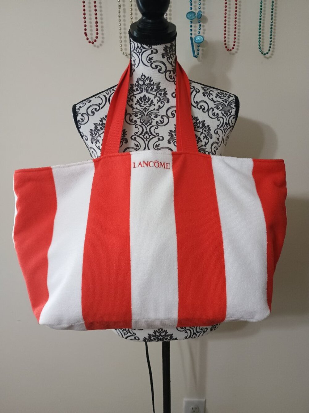 Lancôme Terrycloth Tote Bag Red/White Stripe Reversable